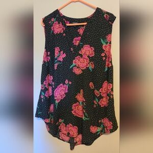 Floral Sleeveless Black Blouse with Pink Flowers